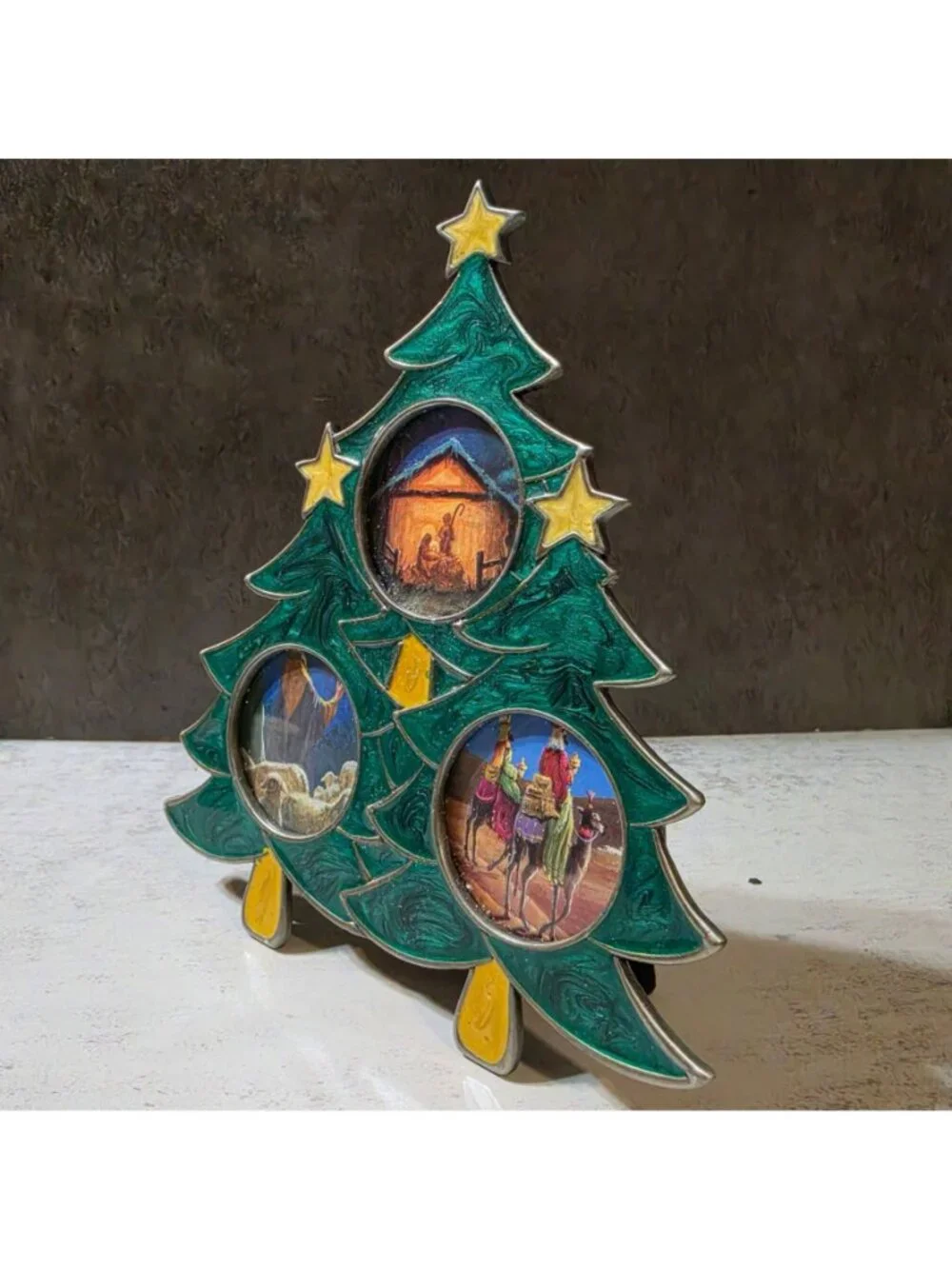 Vintage  Enamel Christmas Tree Nativity Triple Frame